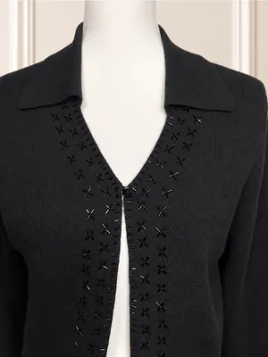 Valerie Stevens 100% Merino Wool Beaded Evening Cardigan Black Vintage 90s Knit thumbnail 2