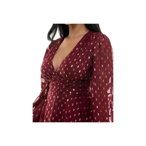 NWT B. Darlin Double Tiered Chiffon Sheer Puff Sleeve Dress Wine Red / Gold 1/2 thumbnail 4