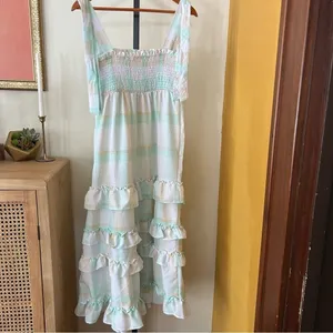 Moon River Tiered Ruffle Smocked Midi Dress Striped Plaid Boho Sleeveless Size S thumbnail 5