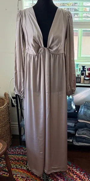 Anyuta Couture Champagne Beige Satin Maternity Photo Baby Shower Boho Maxi Dress thumbnail 1