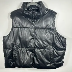 Old Navy Faux Leather Puffer Vest Women’s XL Black Sleeveless Quilted‎ Jacket thumbnail 2