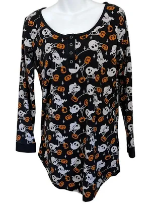 Killstar Haunted Pumpkin Henley Lounge Top Black Halloween Ghost Print Sz Small thumbnail 1