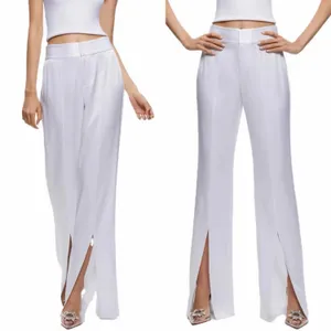 Alice + Olivia Jody Satin High-Waist Slit Front Pant White Size US 2 thumbnail 2