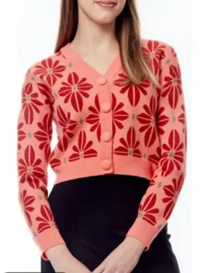 Love by Design Coral Pink Floral Cropped Cardigan Sweater Women's Size medium thumbnail 1
