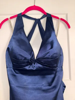 Ink Blue halter satin bridesmaid/Prom dress thumbnail 4