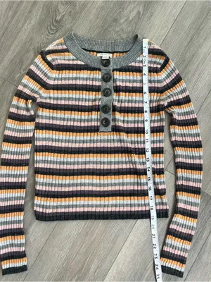 American Eagle Ribbed Striped Henley Sweater Small Gray Pink Orange Long Sleeve thumbnail 7