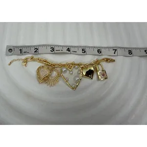 Gold Tone Heart Charm Bracelet Pearl Crystal Paperclip Chain Statement NEW thumbnail 6