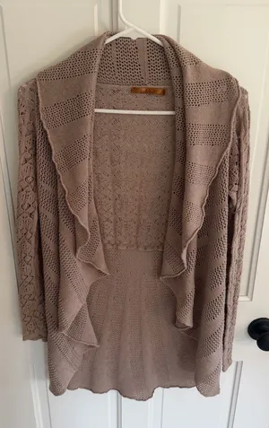Belldini Open Knit Cardigan Large Taupe‎ Crochet Lace Drape Front Sweater thumbnail 1