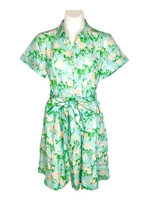 New HILL HOUSE HOME Blue Roses Linen Laura Dress Size Small Button Front Belted thumbnail 1