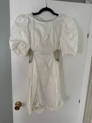 Sofie the label white puff sleeve rhinestone dress with bow cutouts thumbnail 2