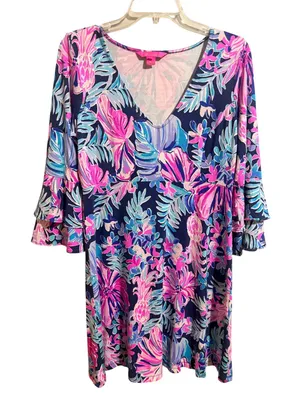 Lilly Pulitzer Raina‎ Dress Garden Getaway Large Excellent Tiered Bell Sleeve thumbnail 1