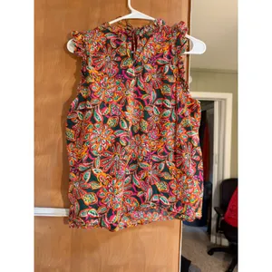 J. Crew Factory Women's Size Medium Sleeveless Ruffle Top Dark Green Pink Orange thumbnail 6