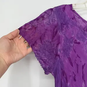 Purple Tie‎ Dye Maxi Dress Bohemian Festival Flowy Asymmetrical Hem Short Sleeve thumbnail 2