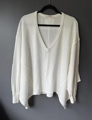 Free People We The Free Women's White Waffle Knit V-Neck Sweater Extra Small thumbnail 1