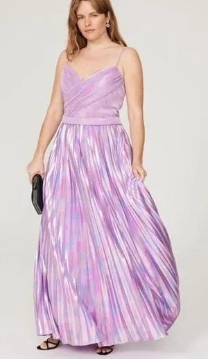 Mac Duggal RTR Ieena Purple Pleated Gown Metallic Strappy Satin iridescent thumbnail 1