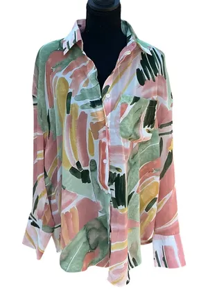 ANDTHEWHY Abstract Watercolor Brushstroke Button Down‎ Shirt Pink Green Pastel M thumbnail 1