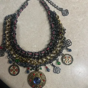 Artisan Boho Statement Necklace Celtic Knot CharmPlaid Ribbon Medallion vintage thumbnail 2
