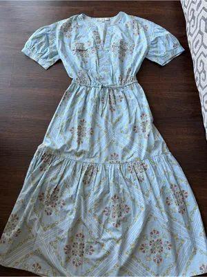 Loft Light Blue Floral Maxi Dress with Puff Sleeves thumbnail 2