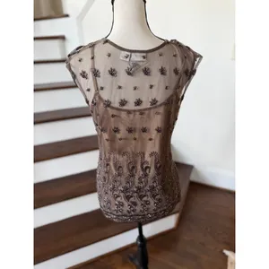 Spiegel Vintage Y2K Brown Mesh Sequin Beaded Baby Doll Top Whimsygoth Fairy Grunge thumbnail 3