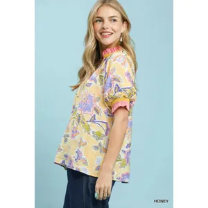 Umgee Floral Print Ruffled Short Sleeve Top - Medium thumbnail 2