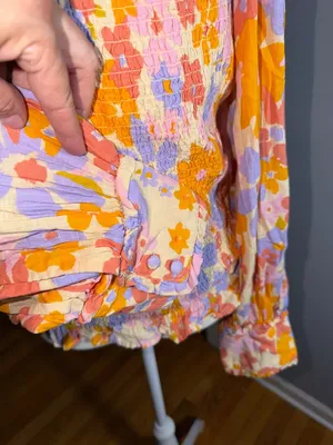 Free People 100% Cotton Floral Smocked Puff-Sleeve Top in Lavender & Orange thumbnail 5