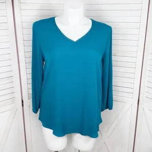 Fortune + Ivy Cutout Back Tie Eyelet Trim Blouse Teal‎ Blue Size Large thumbnail 3
