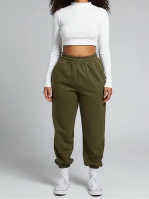 NEW Naked Wardrobe Olive Green French Terry Joggers High Waist Sweatpants SMALL thumbnail 4