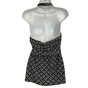 WHITE HOUSE BLACK MARKET Navy White Geometric Halter Wrap Top Silver Ring Size M thumbnail 7