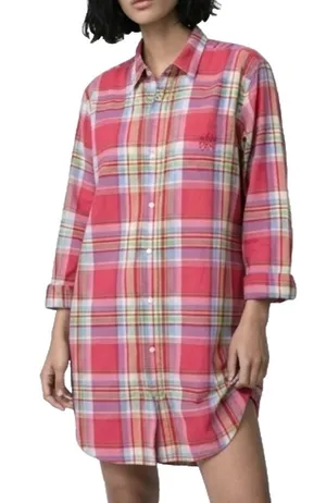 Lauren Ralph Lauren Medium Coral Pink Plaid Button Up Tunic Top or Nightgown thumbnail 1