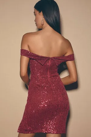 New Lulus Once in a Lifetime Wine Red Sequin Off-Shoulder Mini Dress MSRP $74 thumbnail 2