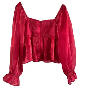 Lulus Red Organza Puff Sleeve Peplum Top Square Neck Shimmer Blouse Large‎ thumbnail 6