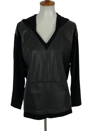 Donna Degnan Black Hooded Tunic Top Faux Leather Front V-Neck Medium 1692Y8 thumbnail 1