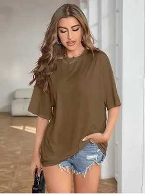 Amazon Oversized Boyfriend fit Cotton Brown Short Sleeve Crewneck Tee NWOT thumbnail 3
