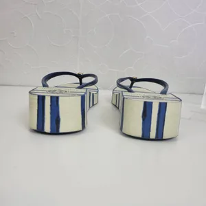 Tory Burch Womens Sandals Size 6.5 White and Blue Stripe Slip On Heels thumbnail 4