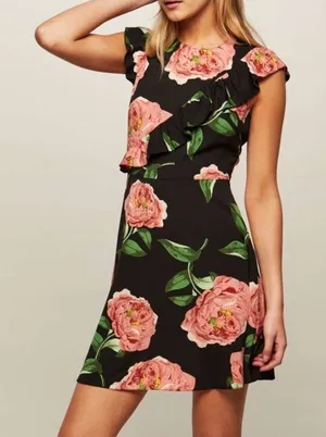 Miss Selfridge Floral Print Asymmetric Frill Skater Dress Cap Sleeve Ruffle Mini thumbnail 1