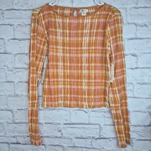 NWT Billabong Check Me Out Crop Top Plaid Smocked Long Sleeve Sunburnt Orange L thumbnail 3