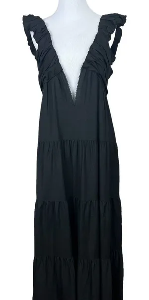 Jason Wu‎ Maxi Dress Womens Large Black Tiered Linen Blend Pleated A-Line L FLAW thumbnail 1