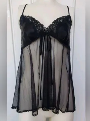 🆕 Satin Sheer Mesh Babydoll Lingerie Panty Set L🆕 thumbnail 1