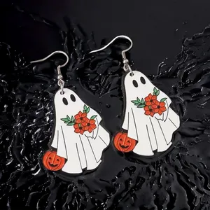 White Ghost Pumpkin Pattern Dangle Halloween Earrings‎ Wooden Jewelry thumbnail 4
