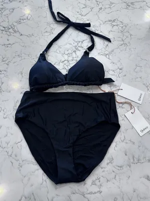 NWT Quince Black Italian Full Coverage Ring Triangle Bikini Top High Rise Bottom thumbnail 1