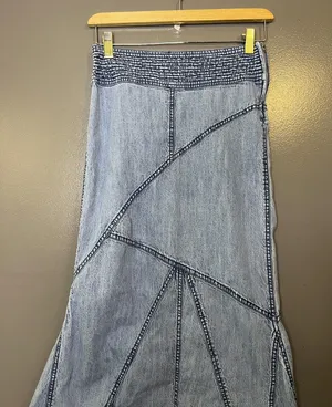 Urban Outfitters Skirt Womens XS Blue Denim Trumpet Long Asym Hem Boho Frayed thumbnail 1