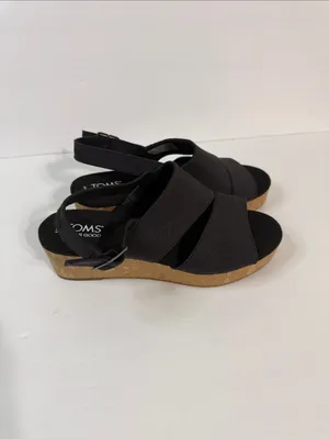 Toms Black Fabric Cork Wedge Sandals with Slingback thumbnail 3