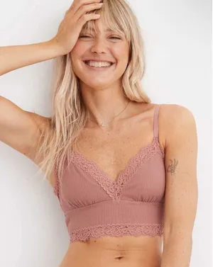 Aerie Dark Pink Ribbed Eyelash Lace Trim Longline Unlined Bralette Small thumbnail 1