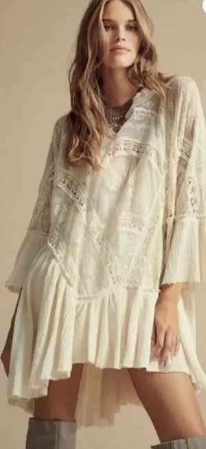 Free People Layered In Lace Swing Dress Tunic Ivory White Small thumbnail 1