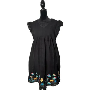 Black Eyelet Babydoll Embroidered Floral Mini Dress Size M Empire Waist Folk thumbnail 2