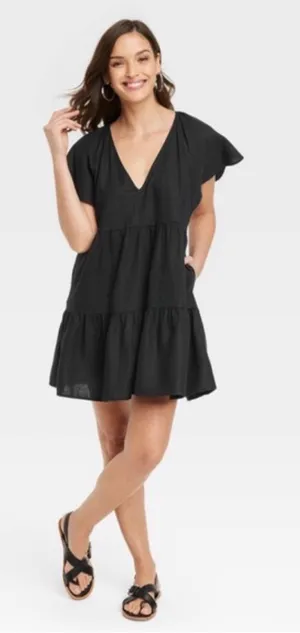 Universal Threads Black 100% Linen Tiered Mini Dress Flutter Sleeve. Size: Large thumbnail 1