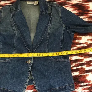St. John Collection Y2K Dark Navy denim jean blazer jacket one button pockets long sleeve #preppy #grunge #goth dark academia #steampunk office siren core #2000s Size S-Measurement in pics thumbnail 7
