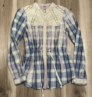 Free People Plaid Lace Button Up Shirt Top Women’s 2 thumbnail 1