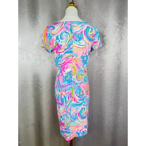 Lilly Pulitzer Pink Blue Floral Shift Dress Short Sleeve Knit Boat Neck Size M thumbnail 5