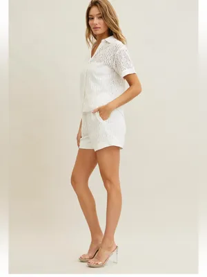 Rivir White Eyelet Button Front Top & Shorts Set large thumbnail 7